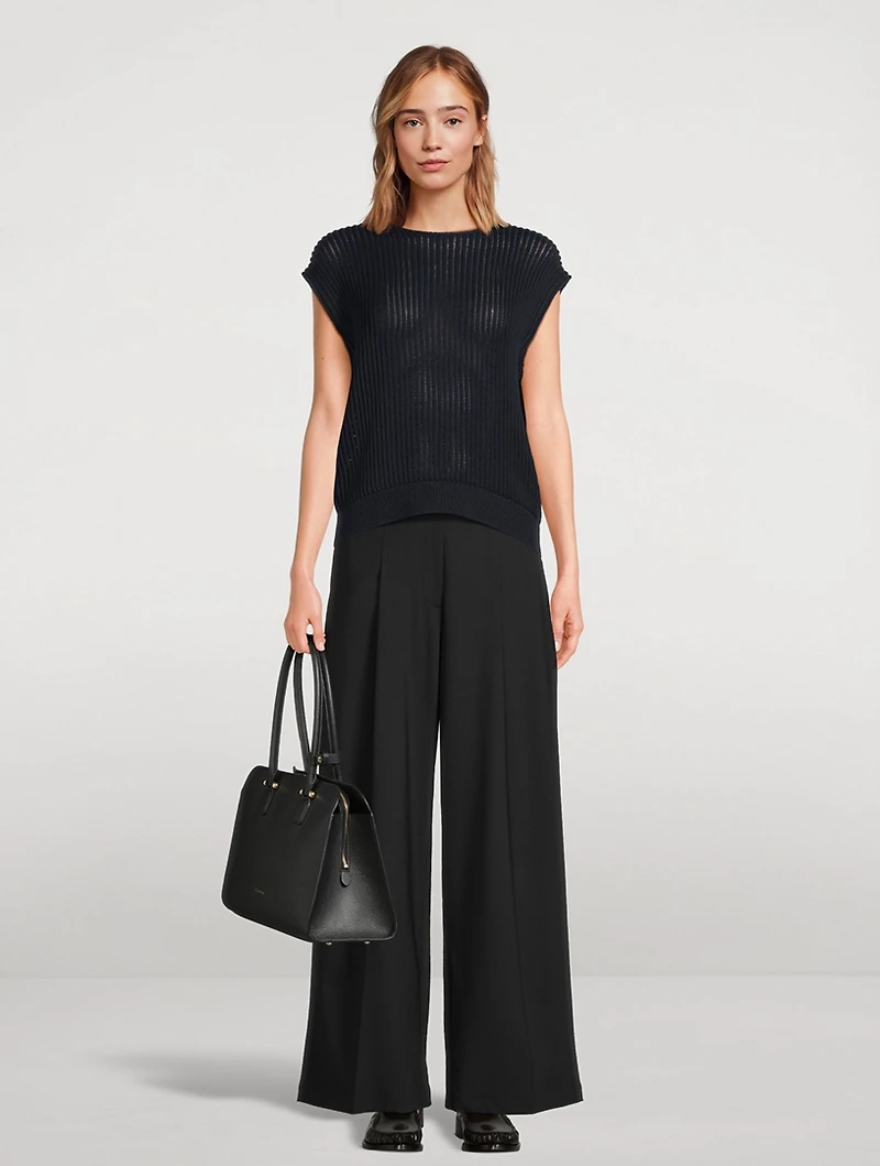 Wide-Leg Pleated Stretch Wool Trouser Pants