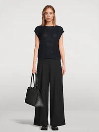 Wide-Leg Pleated Stretch Wool Trouser Pants