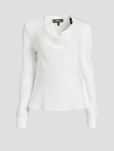 Silk Long-Sleeve Cowlneck Blouse