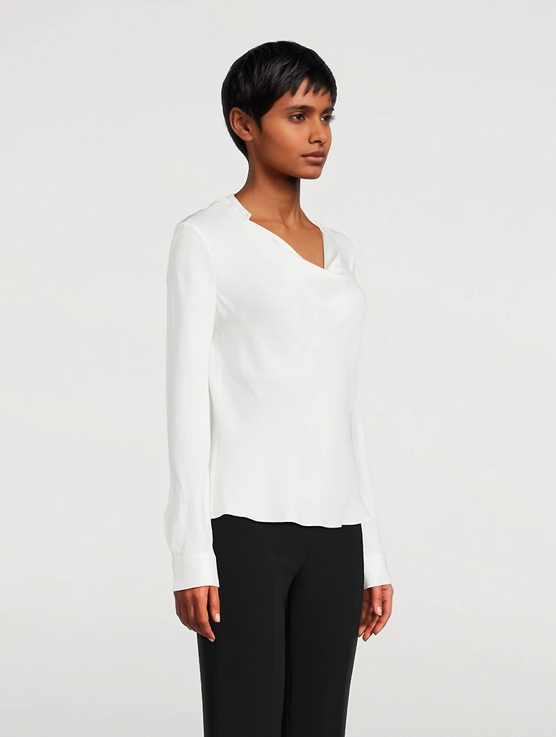 Silk Long-Sleeve Cowlneck Blouse
