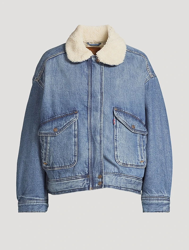 Sherpa-Trimmed Denim Bomber Jacket