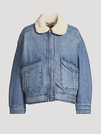 Sherpa-Trimmed Denim Bomber Jacket