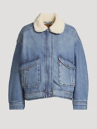 Sherpa-Trimmed Denim Bomber Jacket