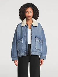Sherpa-Trimmed Denim Bomber Jacket
