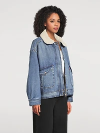 Sherpa-Trimmed Denim Bomber Jacket