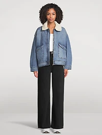 Sherpa-Trimmed Denim Bomber Jacket