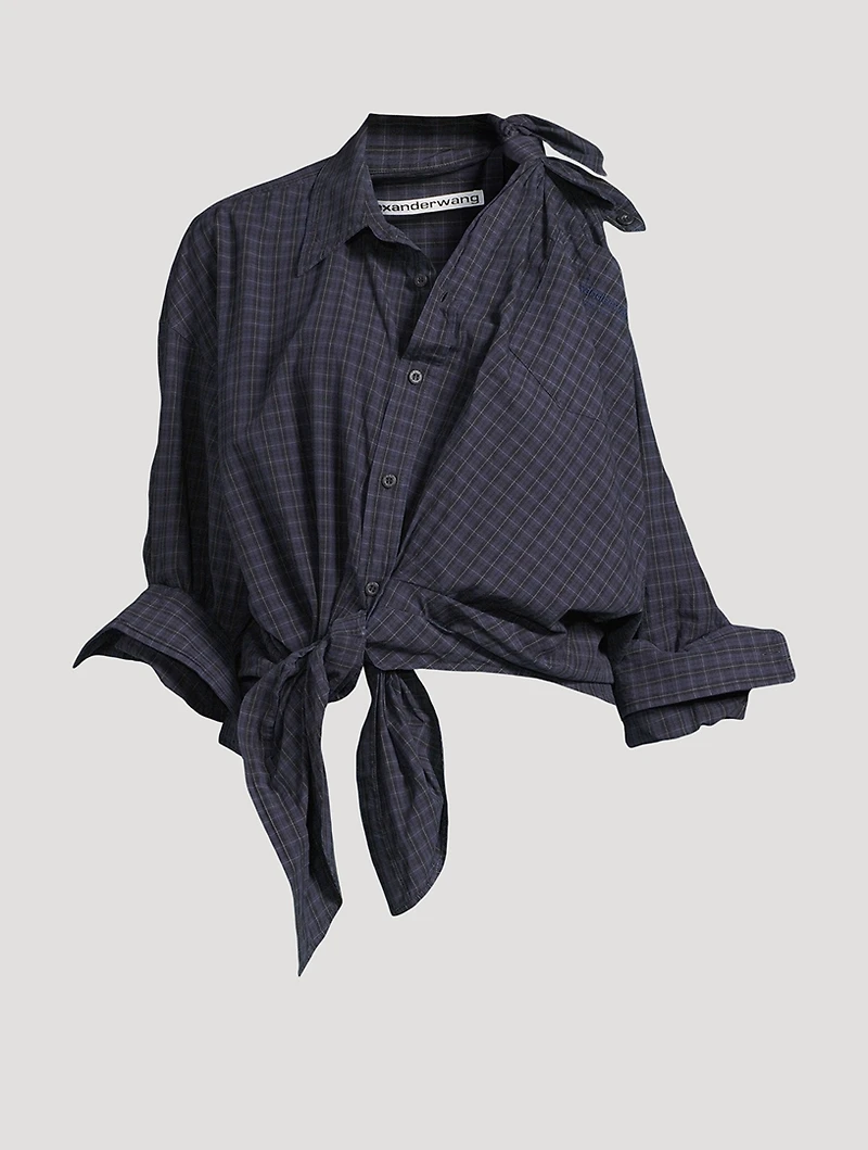 Asymmetric Knotted Shirt Plaid Print