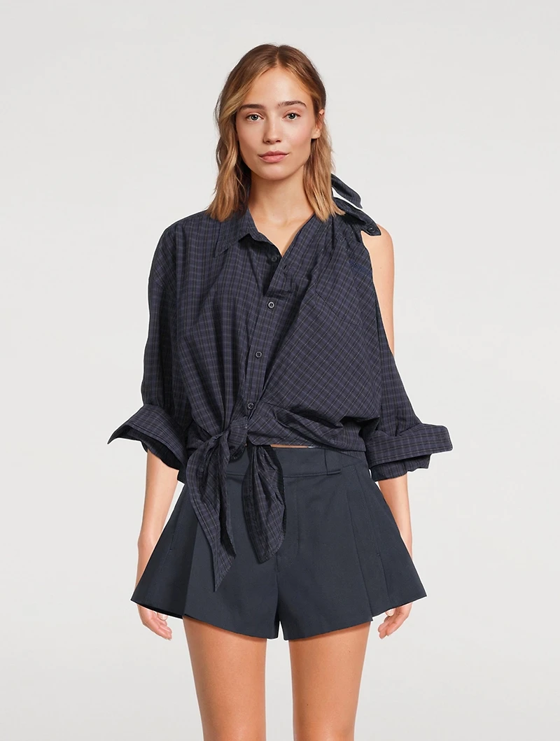 Asymmetric Knotted Shirt Plaid Print