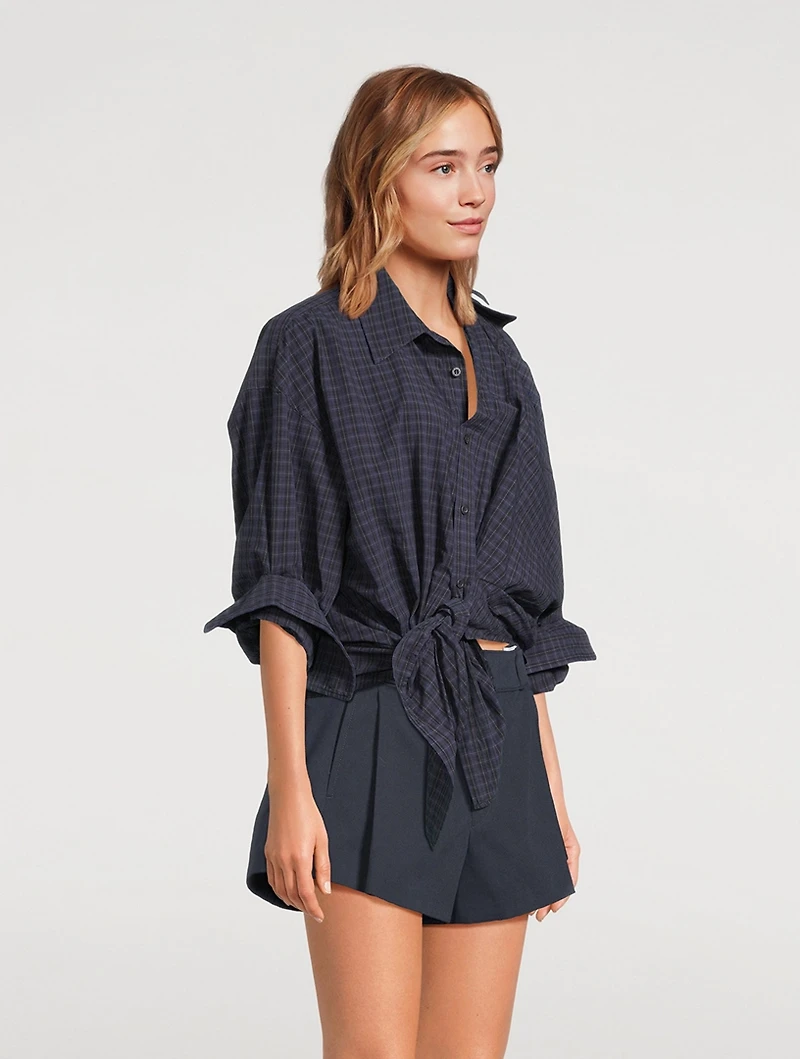 Asymmetric Knotted Shirt Plaid Print