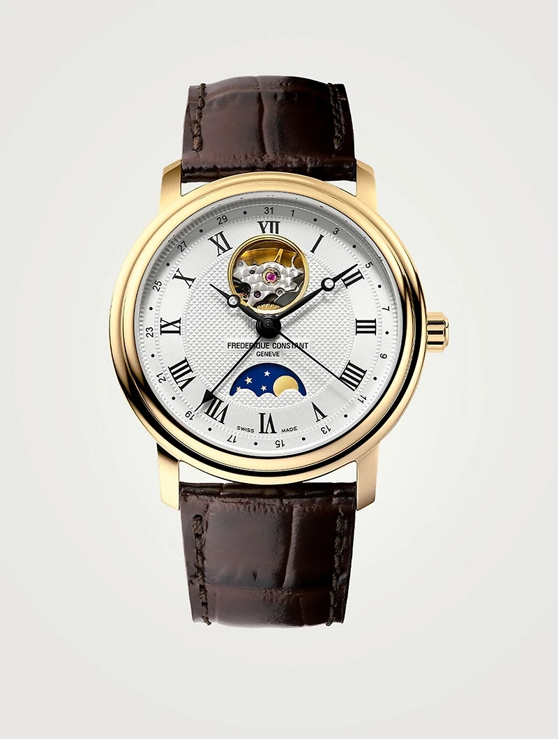 Heart Beat Moonphase-Date Gold-Tone Stainless Steel Leather Strap Watch