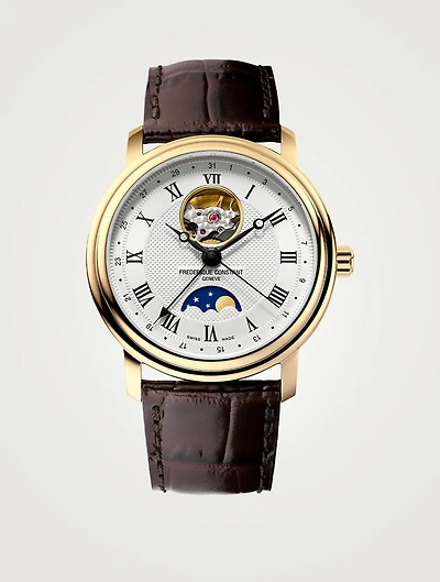 Heart Beat Moonphase-Date Gold-Tone Stainless Steel Leather Strap Watch
