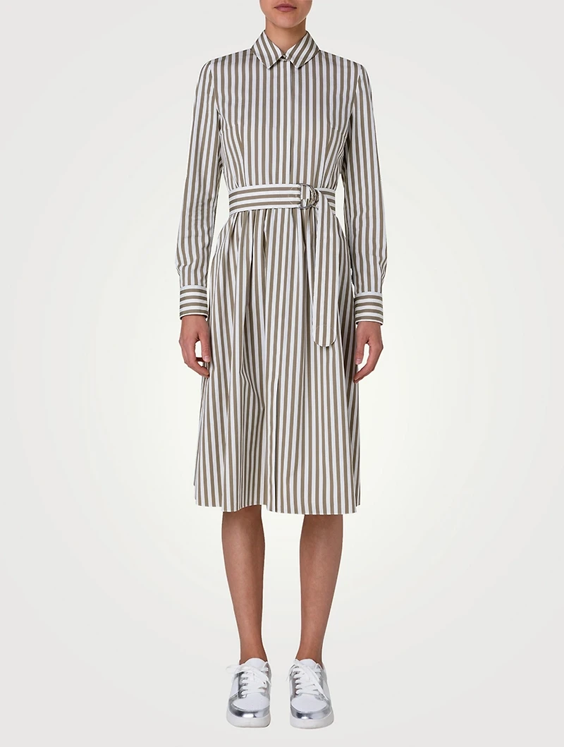 Belted Poplin Midi Dress Stripe Print