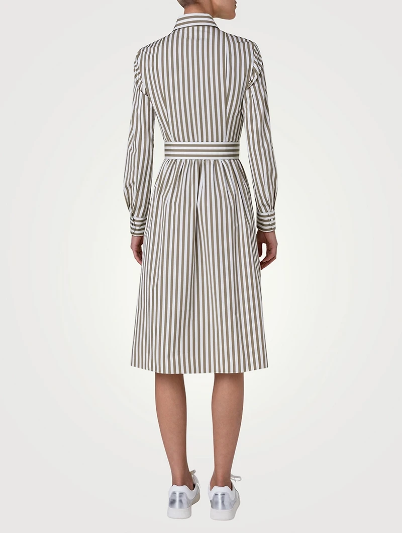 Belted Poplin Midi Dress Stripe Print