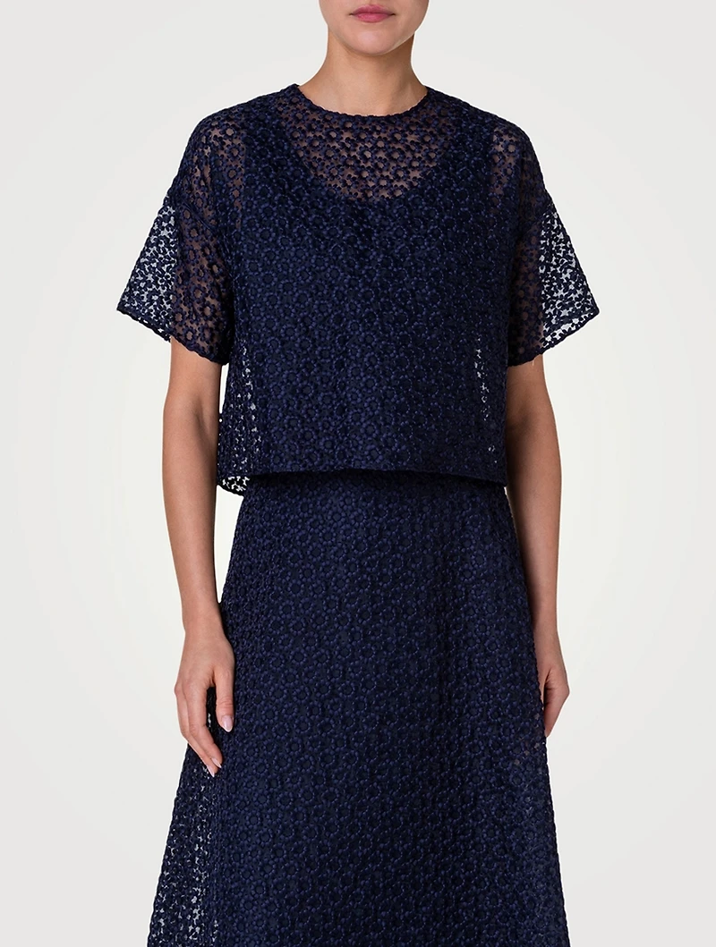 Floral-Embroidered Organza T-Shirt