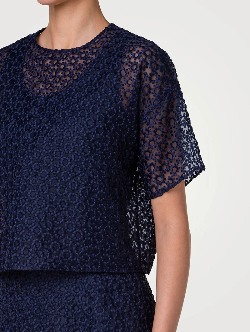 Floral-Embroidered Organza T-Shirt