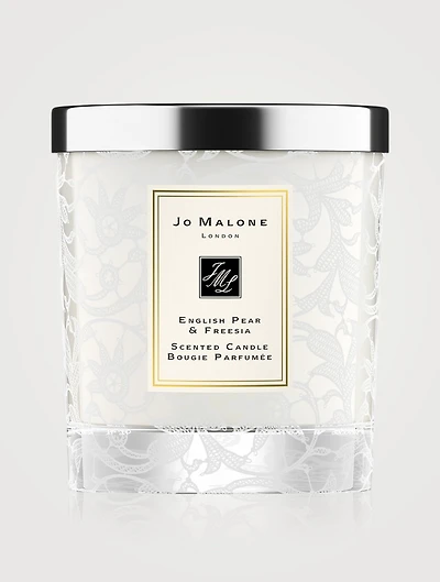 English Pear & Freesia Home Candle with Lace Design