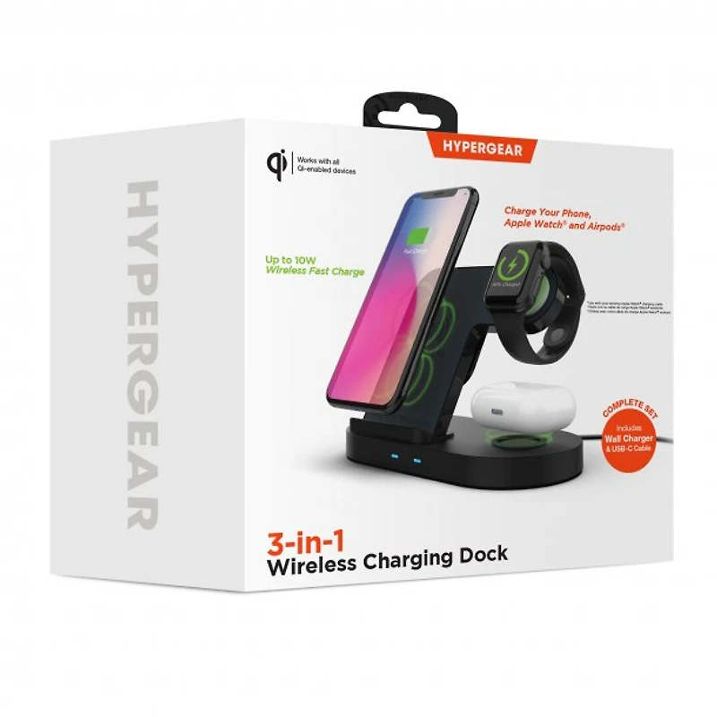 Hypergear 20W Black 3-in-1 Wireless Charging Dock for Phone, Watch + Wireless Headphones