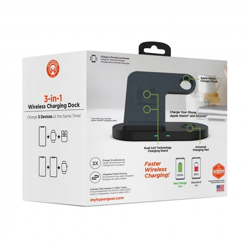 Hypergear 20W Black 3-in-1 Wireless Charging Dock for Phone, Watch + Wireless Headphones