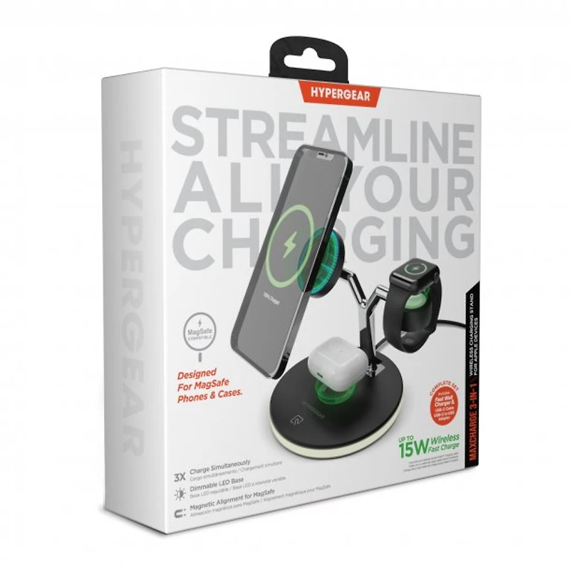 HyperGear 26W MaxCharge 3-in-1 Wireless Charging Stand Compatible with MagSafe – Black