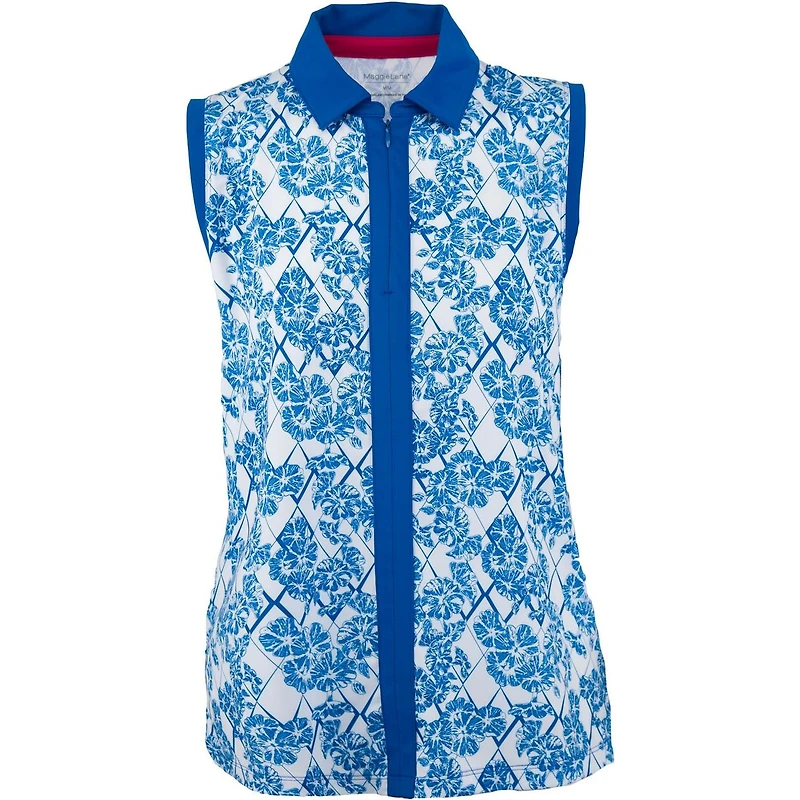 Womens Sleeveless Floral Print Centre Placket Polo