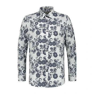 Men's Shadow Flower Fine Stretch Button Up Long Sleeve Shirt