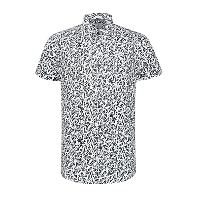 Men's Wild Leaves Stretch Poplin Button Up Short Sleeve Shirt
