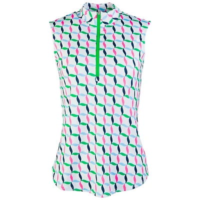 Women's Small Ribbon Print Mock Sleeveless Polo