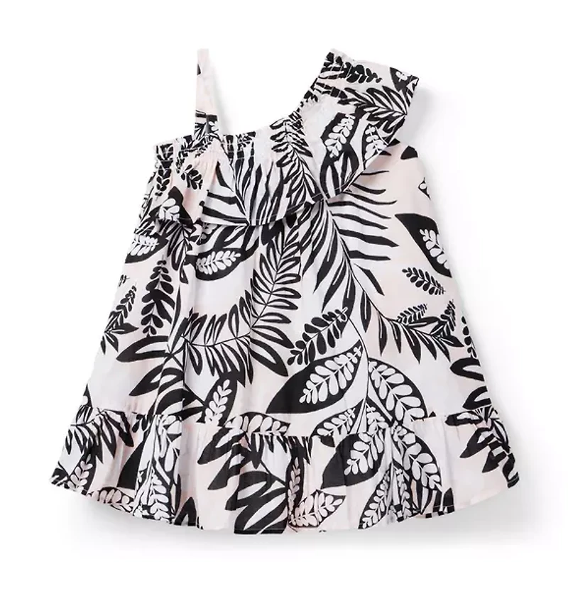 Tropical Leaves Ruffle Shoulder Sundress