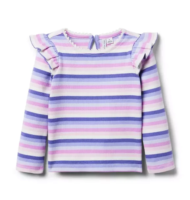 Striped Ribbed Ruffle Shoulder Top