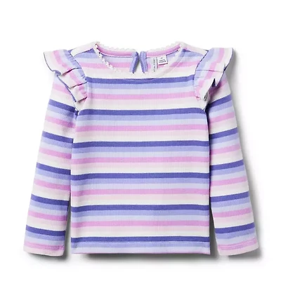 Striped Ribbed Ruffle Shoulder Top