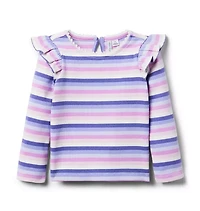 Striped Ribbed Ruffle Shoulder Top