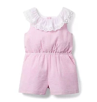 Striped Seersucker Eyelet Collar Romper