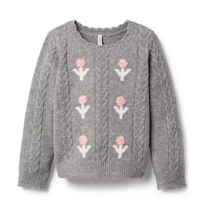 Embroidered Floral Cable Knit Sweater