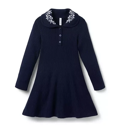 Embroidered Floral Collar Sweater Dress