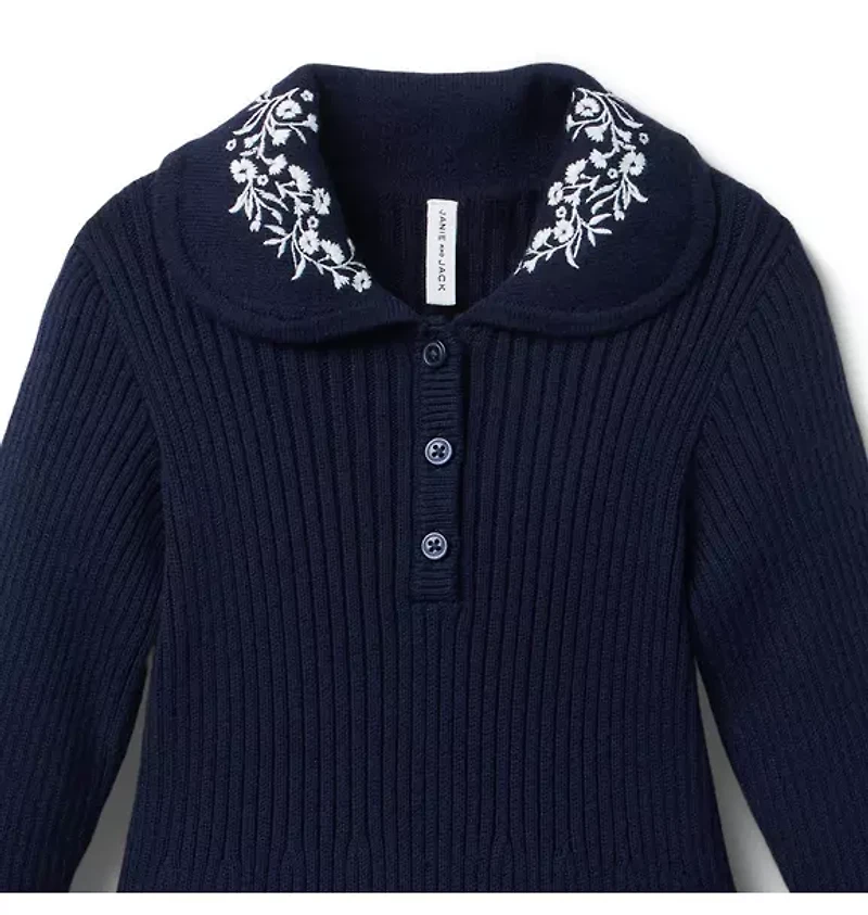 Embroidered Floral Collar Sweater Dress