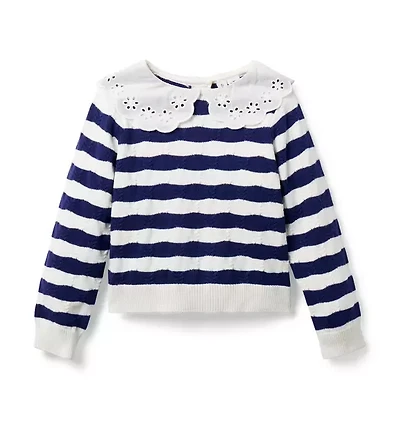 Striped Eyelet Collar Sweater