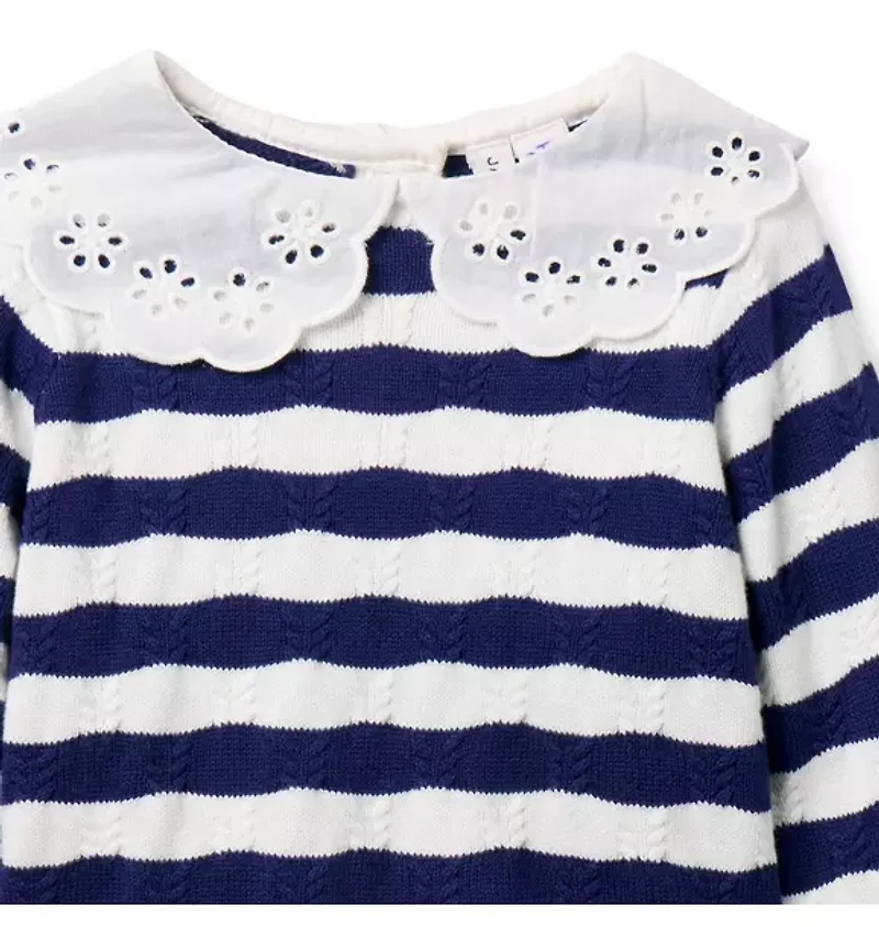 Striped Eyelet Collar Sweater