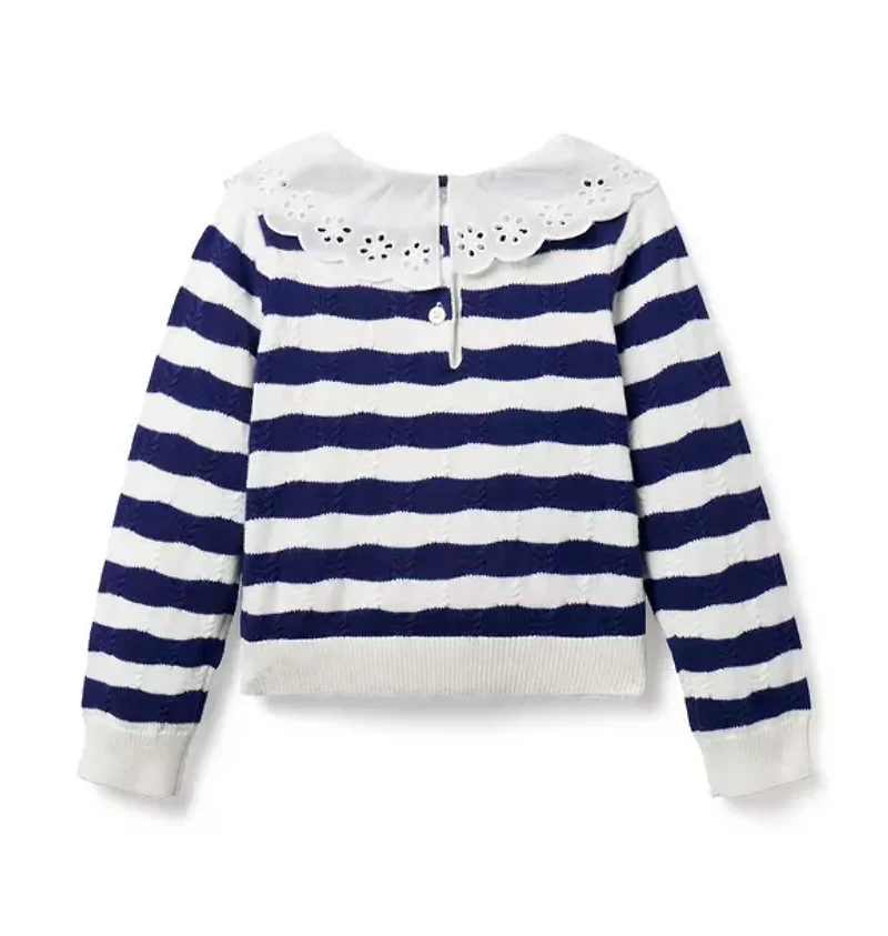 Striped Eyelet Collar Sweater