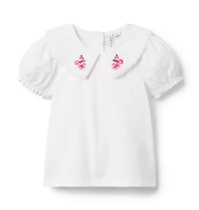 Embroidered Collar Puff Sleeve Top