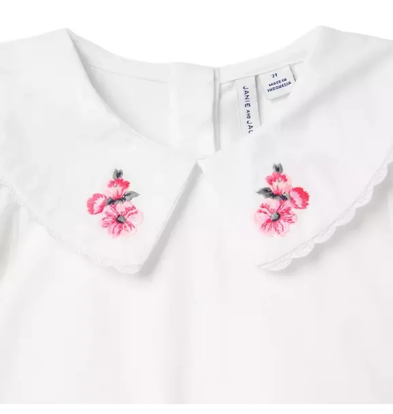 Embroidered Collar Puff Sleeve Top