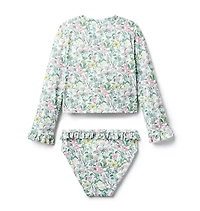 Recycled Floral Ruffle Rash Guard Swimsuit