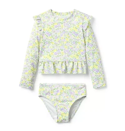 Recycled Floral Ruffle Rash Guard Swimsuit