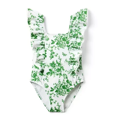 Recycled Floral Toile Ruffle Swimsuit