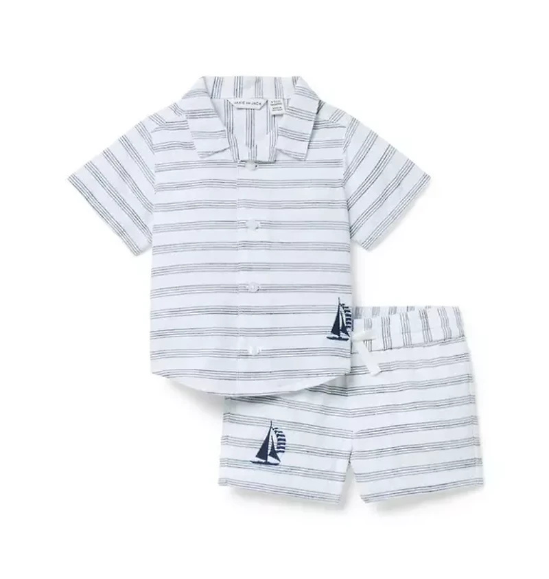 Baby Embroidered Sailboat Striped Matching Set