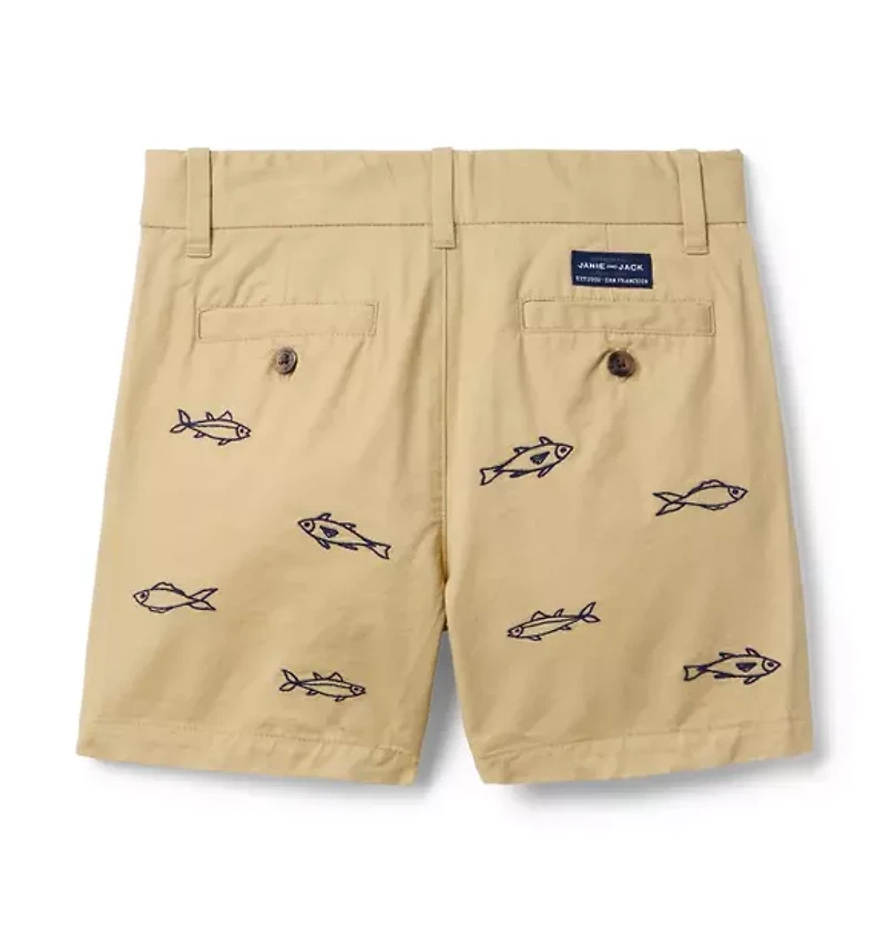 Embroidered Fish Twill Short