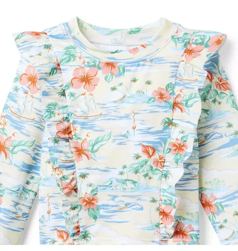 Island Floral Ruffle Rash Guard Swimsuit