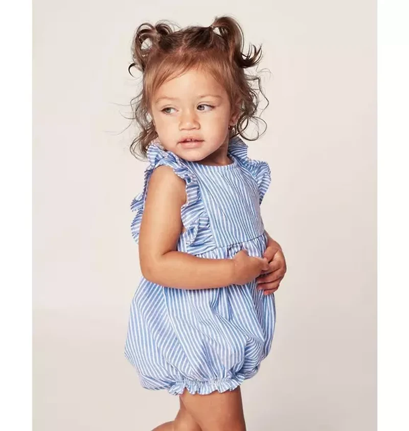 Baby's Twill Ruffled Romper French Blue Seersucker