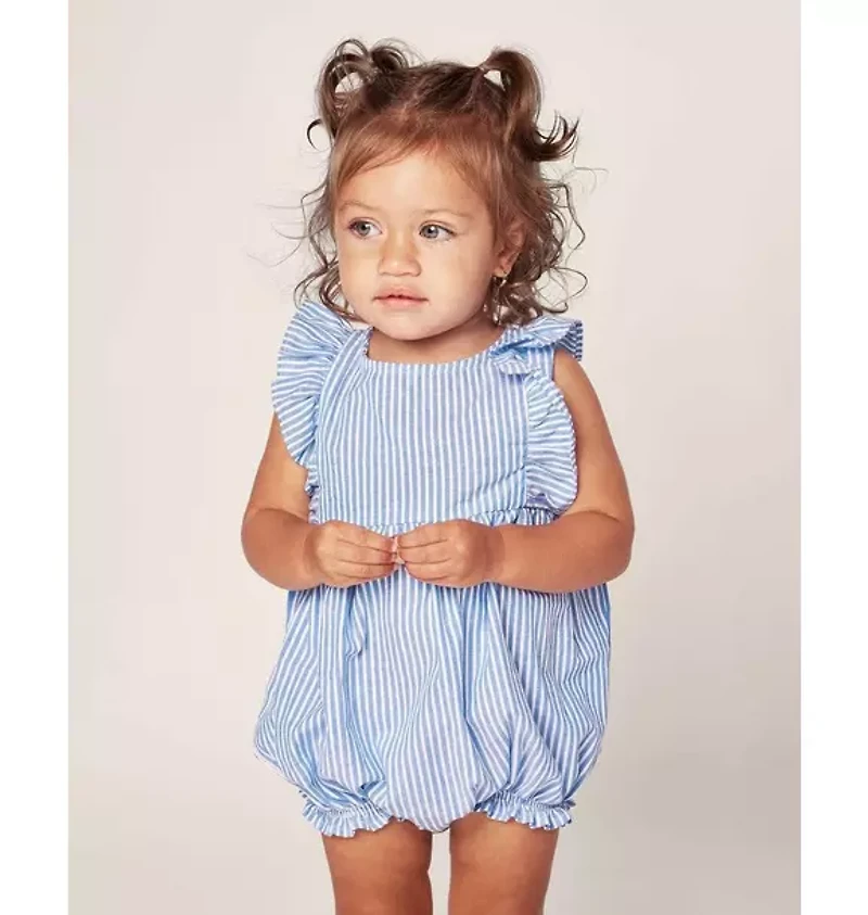 Baby's Twill Ruffled Romper French Blue Seersucker