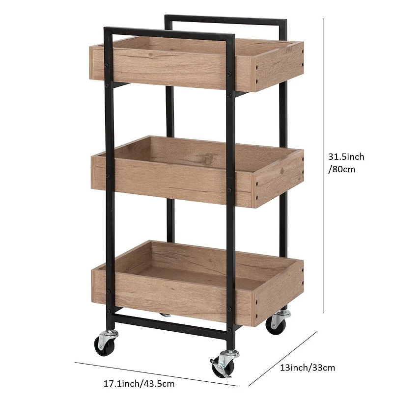 Better Homes & Gardens 3-Tier Wooden & Steel Rolling Utility Cart; Durable Metal Frame; Natural Oak and Black Metal Finish with Locking Casters.