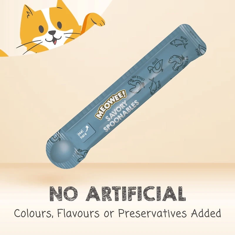 Meowee Lickable Cat Treats, Squeezable Wet Cat Snack with Tuna, Chicken & Duck, Built-In Spoon, 4 Pack (56 g)